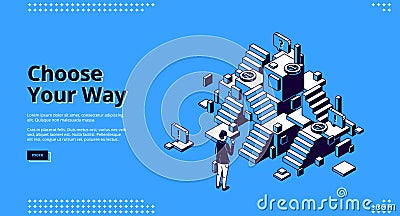 Choose your way isometric landing page, web banner Vector Illustration