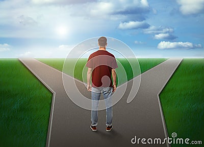 Choose your way. Man standing at crossroads taking important decision Stock Photo