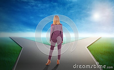 Choose your way. Woman standing at crossroads taking important decision Stock Photo