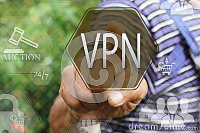 chooses a VPN on the touch screen. Virtual private network web tag.Ð¡oncept internet technology Stock Photo