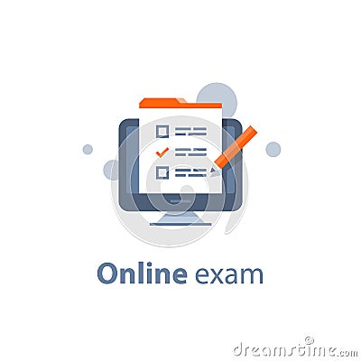 Choosing answer, questionnaire form, exam preparation, online test, checklist on monitor Vector Illustration