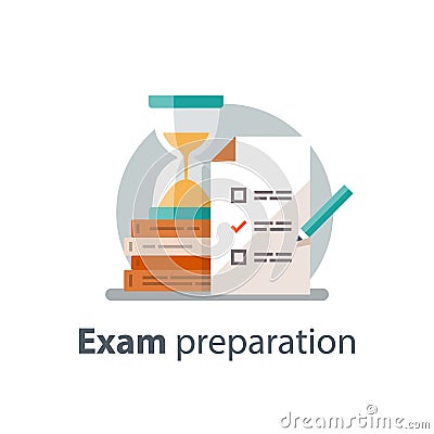 Choosing answer, questionnaire form, exam preparation, school test, checklist and hourglass Vector Illustration