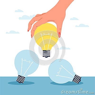 Choosing the best idea. Woman hand hold light bulb, different ways to solve problem, searching strategy, innovation and Vector Illustration