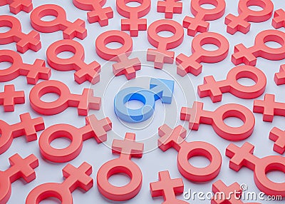 Choosing a boyfriend. Choosing a sex partner. One woman and many men, gender symbols. 3d render Stock Photo