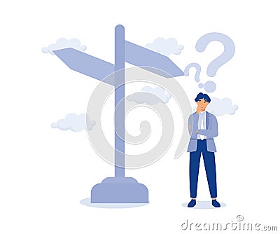 Choosing between 2 choices,confusion concept,businessman thinking with question mark choose between 2 direction,modern flat vector Vector Illustration