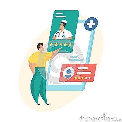 Doctors rating and review. Online medical consultation. Patient evaluating doctor ranking. Flat vector illustration Vector Illustration
