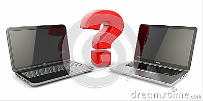 Choosing a laptop. Question sign and laptops. Stock Photo