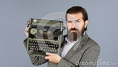 Choosing retro. professional typist make notes typing. modern and old technology. digital business. successful Stock Photo