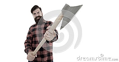 Chop it. Axe selective focus. Bearded man hold large axe handle isolated on white. Brutal lumberjack with iron axe Stock Photo