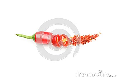 Chopped chilli pepper and spice isolated on background Stock Photo