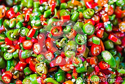 Chopped chilli peppers at a market Stock Photo