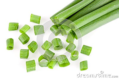 Chopped fresh green onions isolated on white background Stock Photo