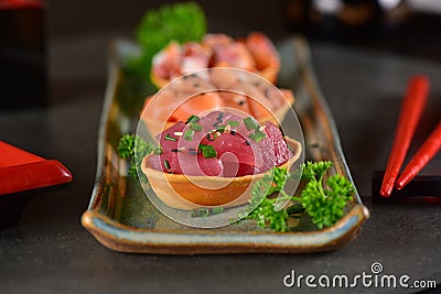 Canapes on rustic plate Stock Photo
