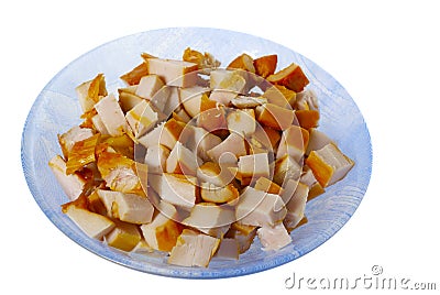 Chopped smoked chicken meat in the plate isolated Stock Photo
