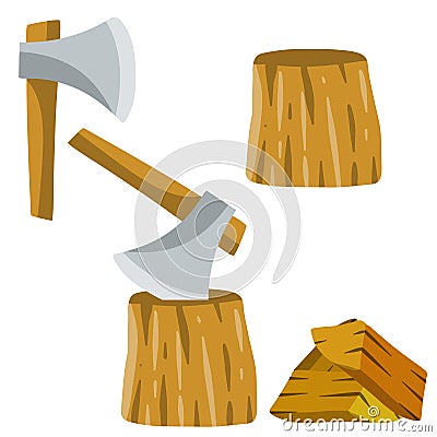 Chopping. Logger axe and log. Timber harvesting. Fuel wood Vector Illustration
