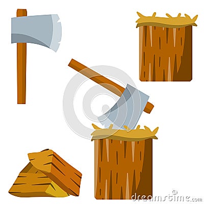 Chopping. Logger axe and log. Timber harvesting. Fuel wood. Lumberjack and woodcutter element. Set of tool Vector Illustration