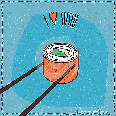 Chopsticks holding sushi roll Maki Vector Illustration