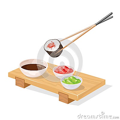 Chopsticks holding tekkamaki sushi roll under wooden japanese geta tray. Vector Illustration