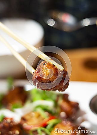 Chopsticks Pick Up Japanese Karaage Chicken Stock Photo