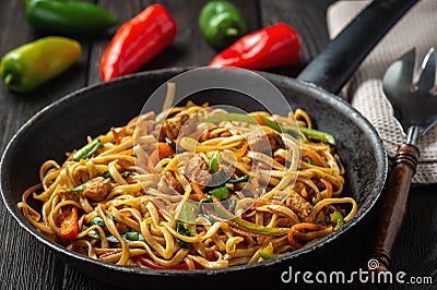 Chow mein with chicken, Chinese dish. Stock Photo
