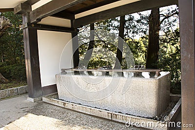 Chozusha or Holy water in wash hand stone basin for people washing before go to inside japanese temple or Mitarashi ritual Editorial Stock Photo