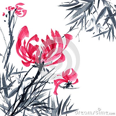 Chrisantemium and bamboo. Flowers illustration.. Stock Photo