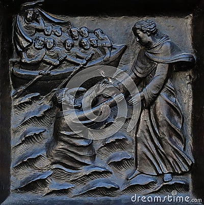 Christ, the almighty helper, relief on the door of the Grossmunster church in Zurich Stock Photo