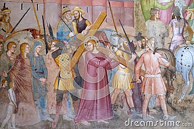 Christ Carrying the Cross, detail from Passion and Resurrection of Christ, fresco in Santa Maria Novella church in Florence Stock Photo