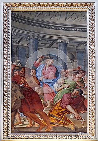 Christ driving the Traders from the Temple, fresco in the Saint Andrew basilica in Mantua, Italy Editorial Stock Photo