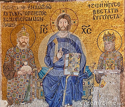 Christ Pantocrator between Emperor Constantine IX Monomachus and the Empress Zoe Stock Photo
