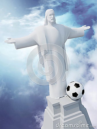 Christ the Redeemer with soccer ball on sky background Cartoon Illustration