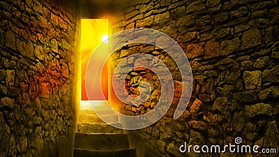 Christ is risen. Exit from the cave stairs up bright sun with rays. Biblical story concept. Easter Stock Photo