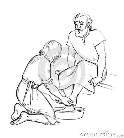 Christ washes Peter`s feet. Pencil drawing Stock Photo