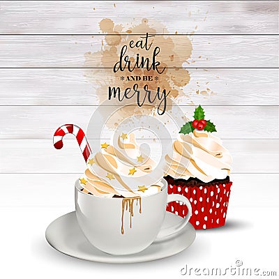 Christmas holiday background with coffee and cupcake Vector Illustration