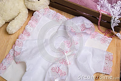 Christening dress. Set of clothes Stock Photo