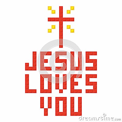 Christian art. Colorful interlocking plastic bricks, plastic construction. Jesus loves you. Vector Illustration
