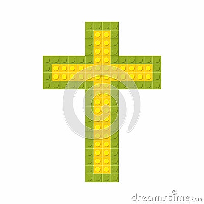 Christian art. Colorful interlocking plastic bricks, plastic construction. Cross of Jesus Vector Illustration