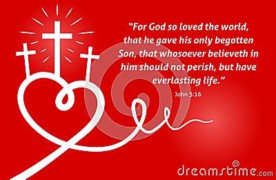 Christian scripture with abstract heart and cross on red background Vector Illustration