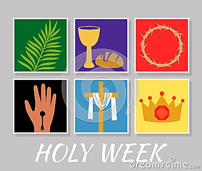 Christian banner Holy Week with a collection of icons about Jesus Christ. The concept of Easter and Palm Sunday. flat Stock Photo