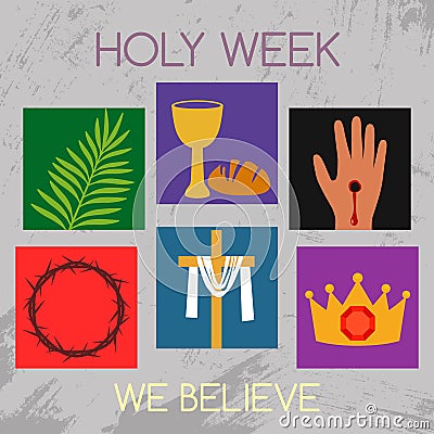 Christian banner Holy Week with a collection of icons about Jesus Christ. The concept of Easter and Palm Sunday. flat Stock Photo