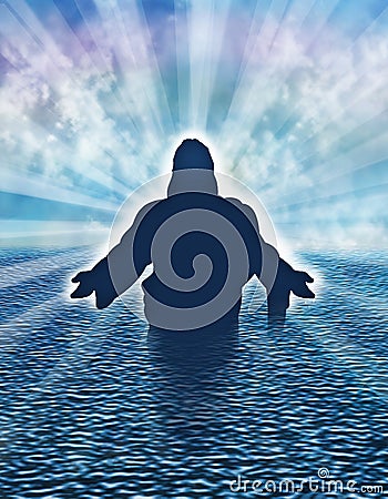 Christian baptism illustration with man silhouette with open arms in the sea Stock Photo