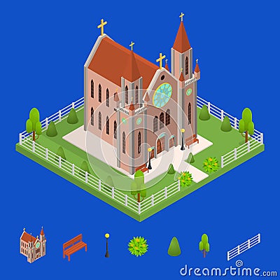 Christian Catholic Church and Elements Concept 3d Isometric View. Vector Vector Illustration