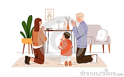 Christian Catholic family praying. Religious parents and kid recite prayers, kneeling at cross and icon. Christianity Vector Illustration