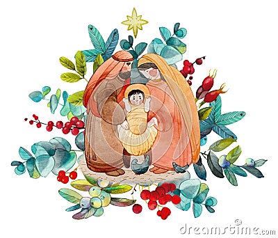 Christian Christmas hand drawn watercolor illustration Cartoon Illustration