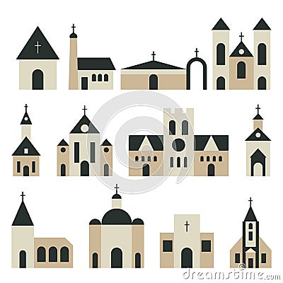 Christian church with basilica and tower vector set Vector Illustration