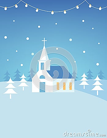 Christian Church Building and Snowy Hills Christmas Card or Poster. Flat Vector Design Vector Illustration