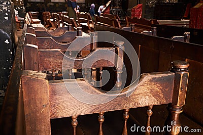 Christian church chairs row. wooden cathedral seats Stock Photo