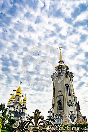 Christian church cross in high steeple tower for prayer Editorial Stock Photo