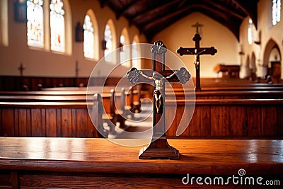 Christian church interior background with wooden furniture and cross Stock Photo