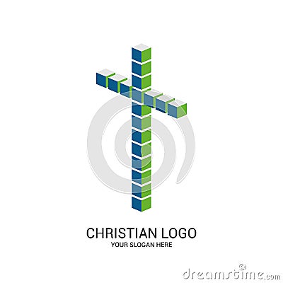 Christian church logo. Bible symbols. Cross of Jesus Christ made up of cubes Vector Illustration